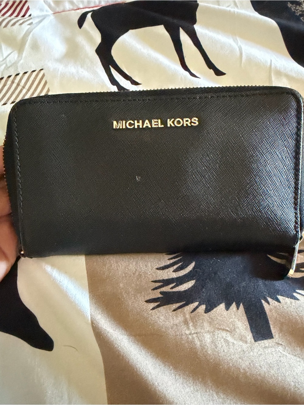 Michael Kors Black Zip-Around Saffiano Wallet with Gold Logo
